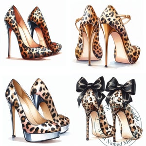 May include: Four pairs of high-heeled shoes with leopard print patterns. The shoes are in different styles, including pumps, sandals, and ankle strap heels. The shoes are all in a brown and black color scheme.
