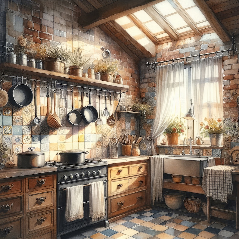 May include: A rustic kitchen with a brick wall, wooden cabinets, and a window with white curtains. The kitchen features a black stove with a white towel hanging on the handle, a sink, and a variety of pots and pans hanging on the wall.