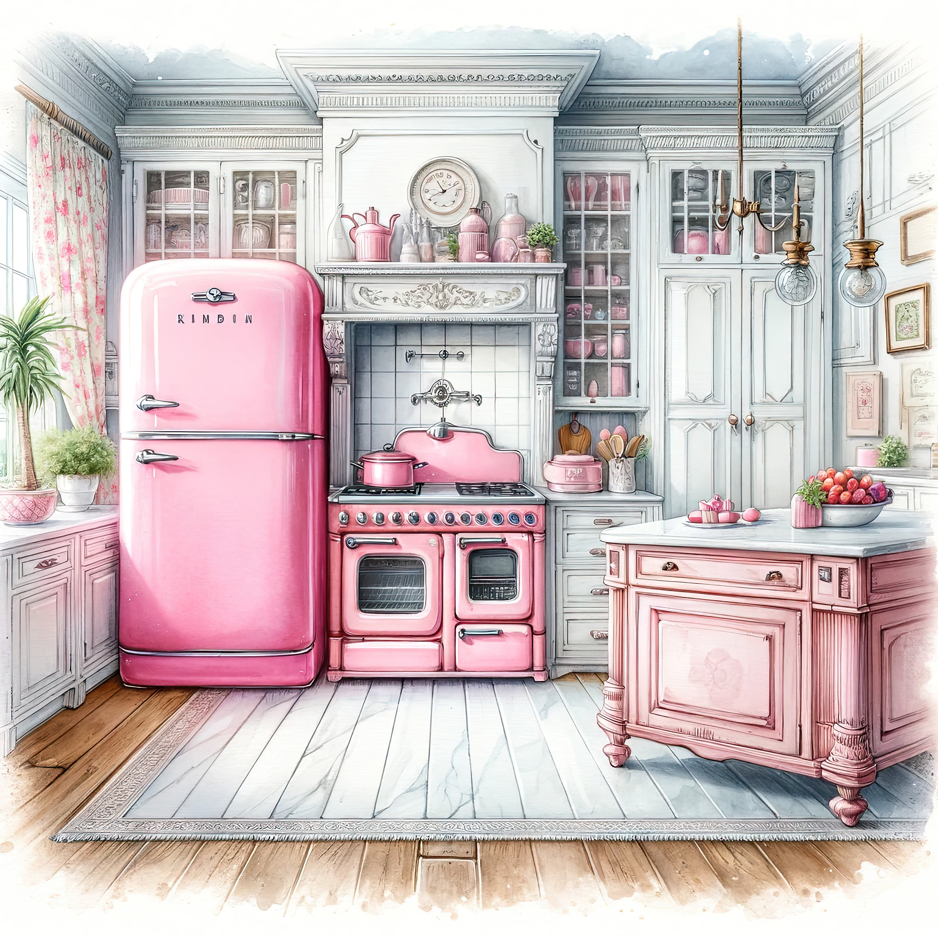 Watercolor Shabby Chic Retro Kitchen Clipart Pink Kitchen Vintage Clip ...