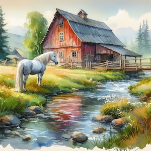 Horse Clipart Bundle Horse and Old Barn 11 Watercolor Vintage Clip Art Rustic Images Farm Downloadable Printable Wall Art Junk Journal