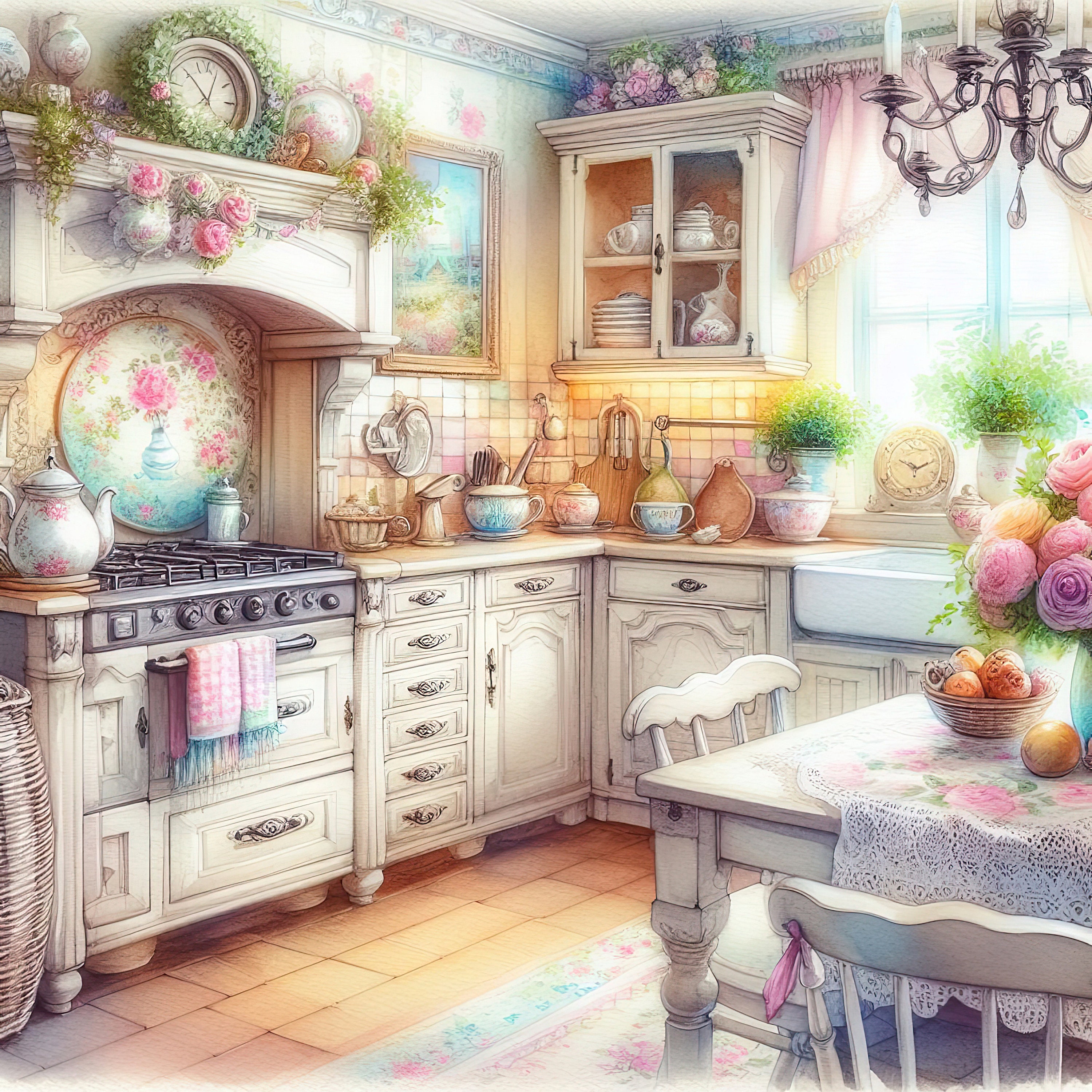 Watercolor Shabby Chic Sunny Kitchen Clipart Kitchen Vintage Clip Art ...