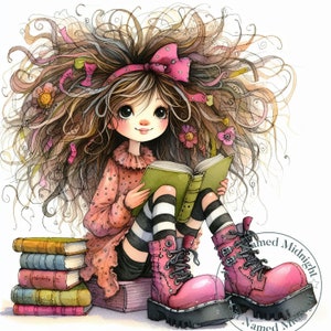 Quirky Girl Reading A Book Clipart 13 High Quality JPGs Whimsical Watercolor Clipart Images Girl's Room Bundle Digital Download Printable