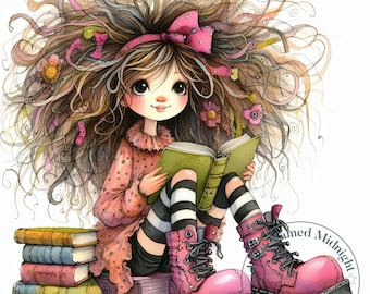 Quirky Girl Reading A Book Clipart 13 High Quality JPGs Whimsical Watercolor Clipart Images Girl&#39;s Room Bundle Digital Download Printable