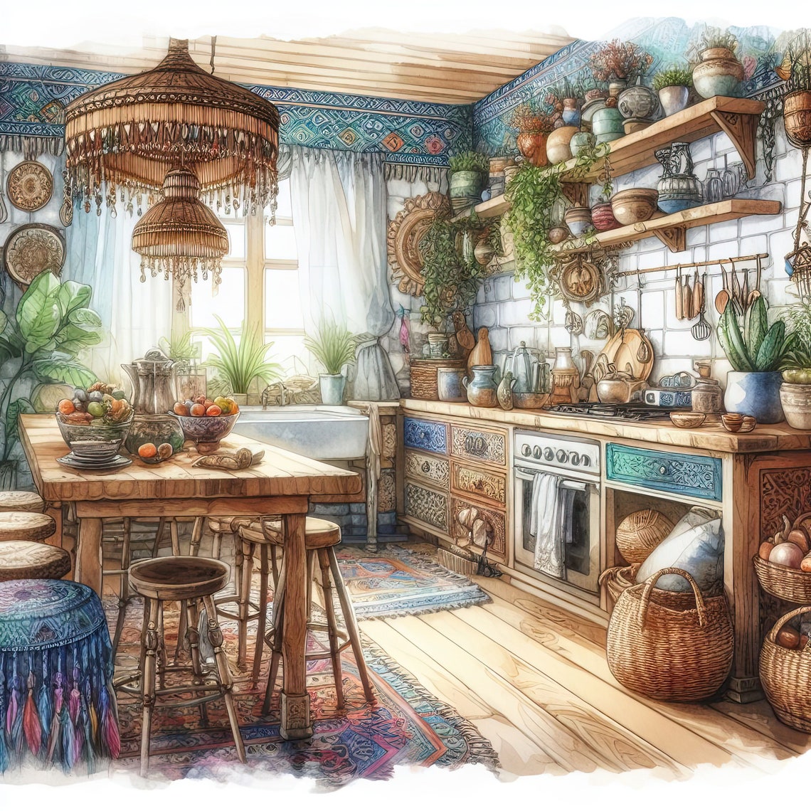 Watercolor Boho Kitchen Clipart Kitchen Vintage Clip Art Watercolor ...