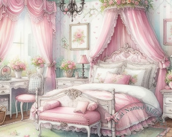 Shabby Chic Bedroom Clipart Vintage Clip Art Bundle Digital Download Pink Bedroom Printable Wall Art Cottagecore Watercolor