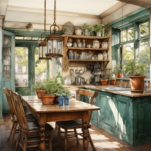 May include: A rustic kitchen with a wooden table and chairs, a green painted cabinet, and a shelf filled with jars and other kitchen items. The room is decorated with plants and has a window with a view of a garden.