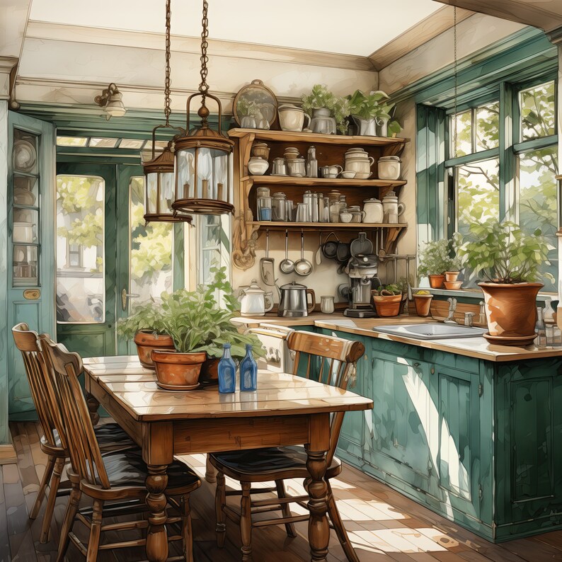 May include: A rustic kitchen with a wooden table and chairs, a green painted cabinet, and a shelf filled with jars and other kitchen items. The room is decorated with plants and has a window with a view of a garden.