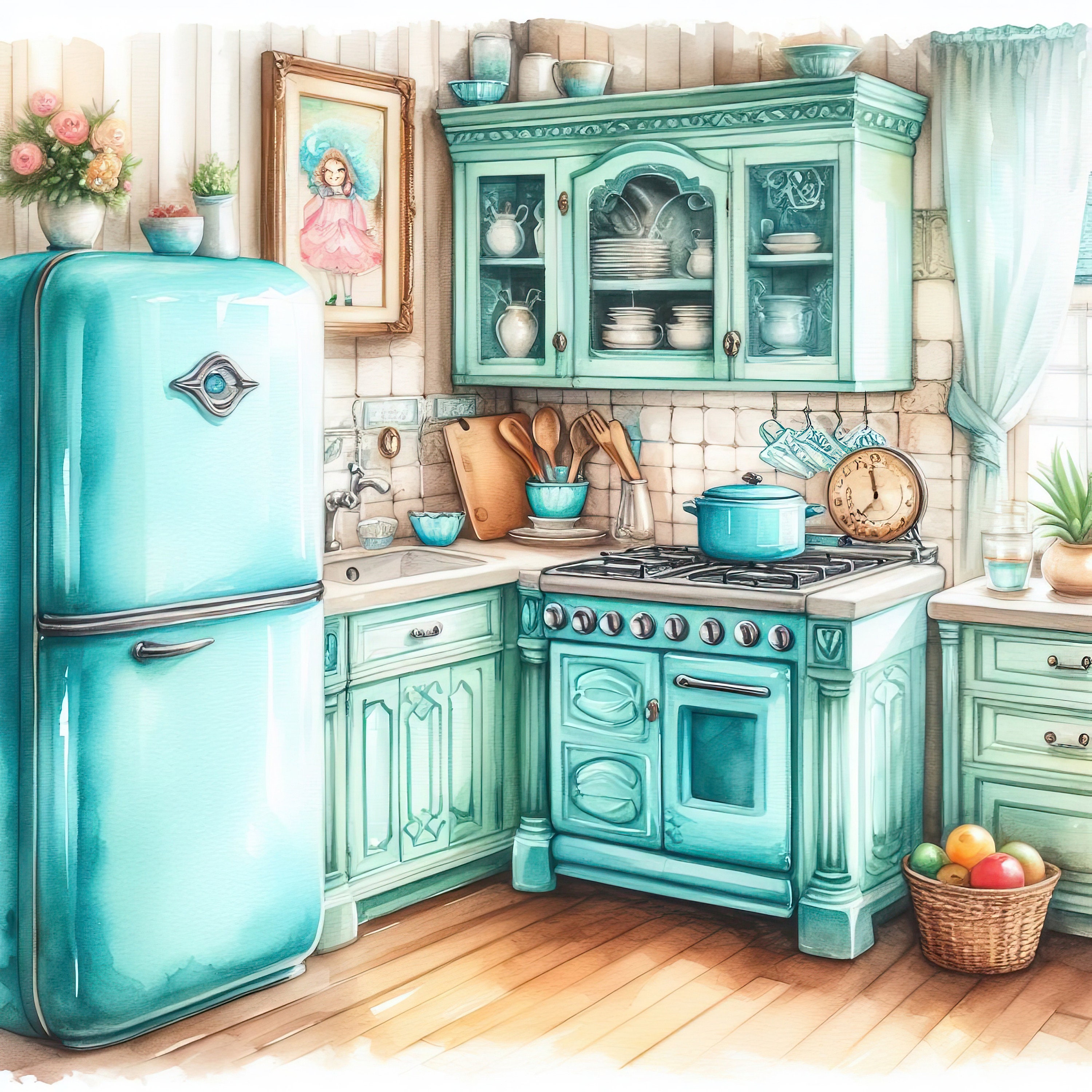 Watercolor Shabby Chic Kitchen Clipart Turquoise Kitchen Vintage Clip ...