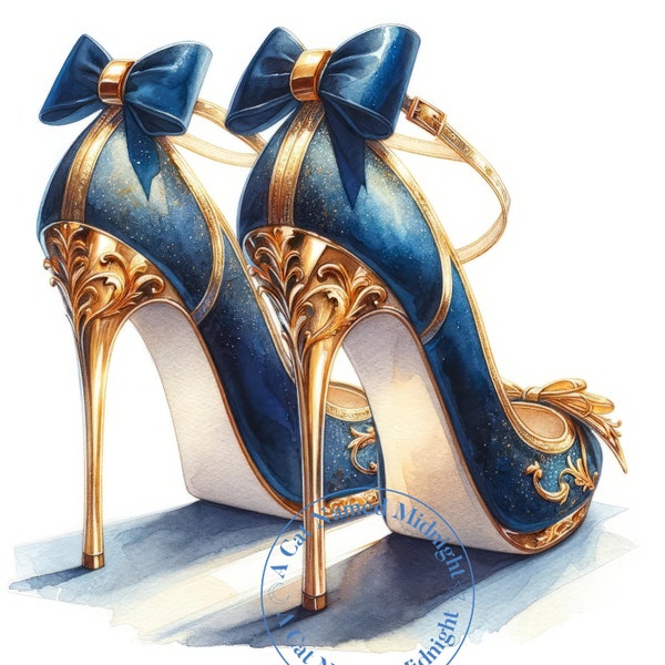 Watercolor High Heels Clipart Bundle Blue and Gold High Heels Clip Art Womens Shoe Images Wedding Bridal Bridesmaid Downloadable Printable