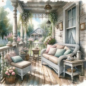 Watercolor Porch Clipart Vintage Shabby Chic Back Porch Clip Art Watercolor Clipart Bundle Digital Download Printable Wall Art Cottage Art