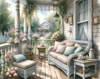 Imágenes prediseñadas de porche de acuarela, imágenes prediseñadas de porche trasero de estilo shabby chic vintage, paquete de imágenes prediseñadas de acuarela, descarga digital, arte de pared imprimible, arte de cabaña