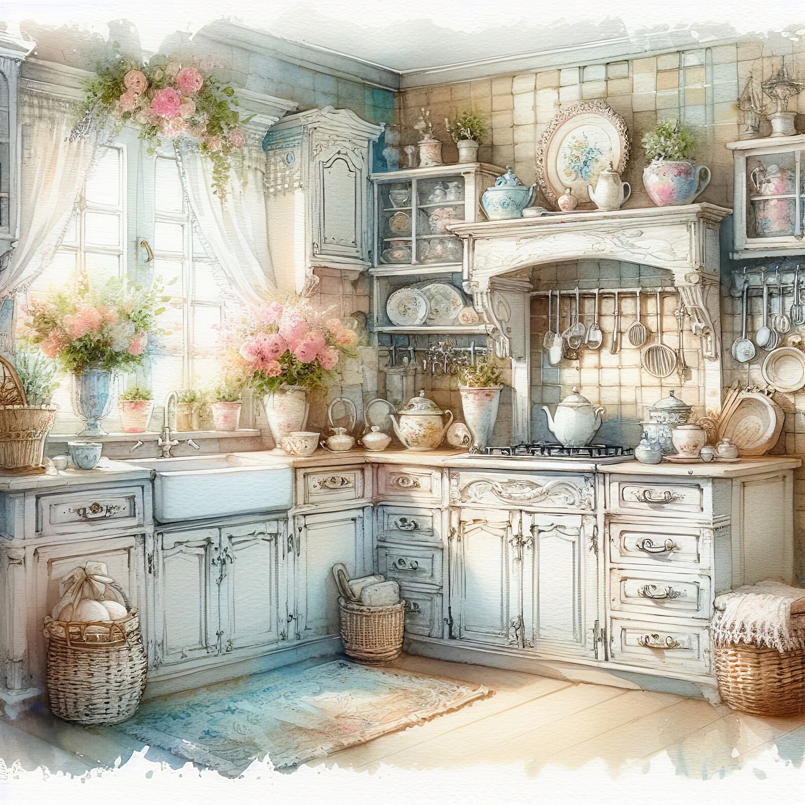 Watercolor Shabby Chic Sunny Kitchen Clipart Kitchen Vintage Clip Art ...