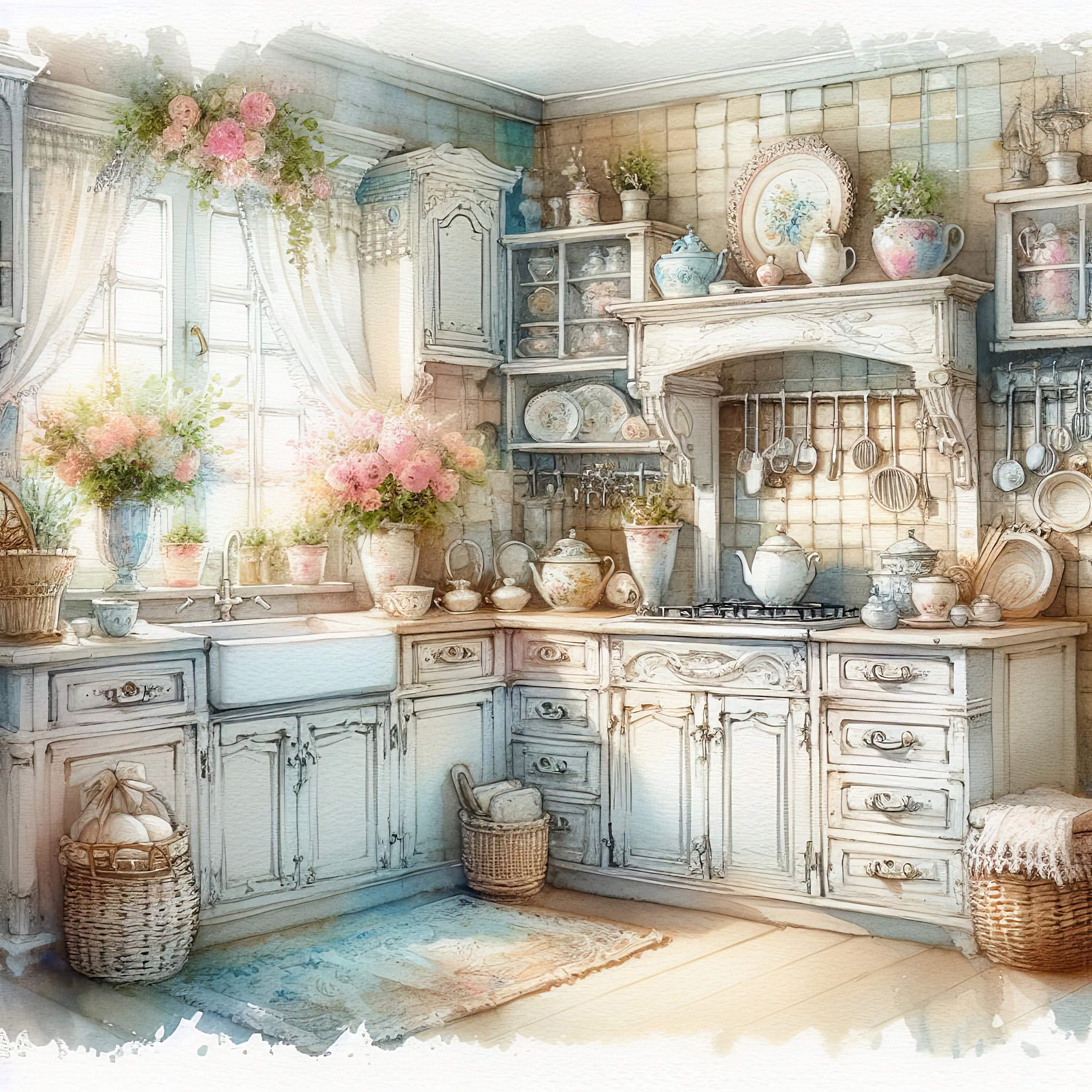 Watercolor Shabby Chic Sunny Kitchen Clipart Kitchen Vintage Clip Art ...
