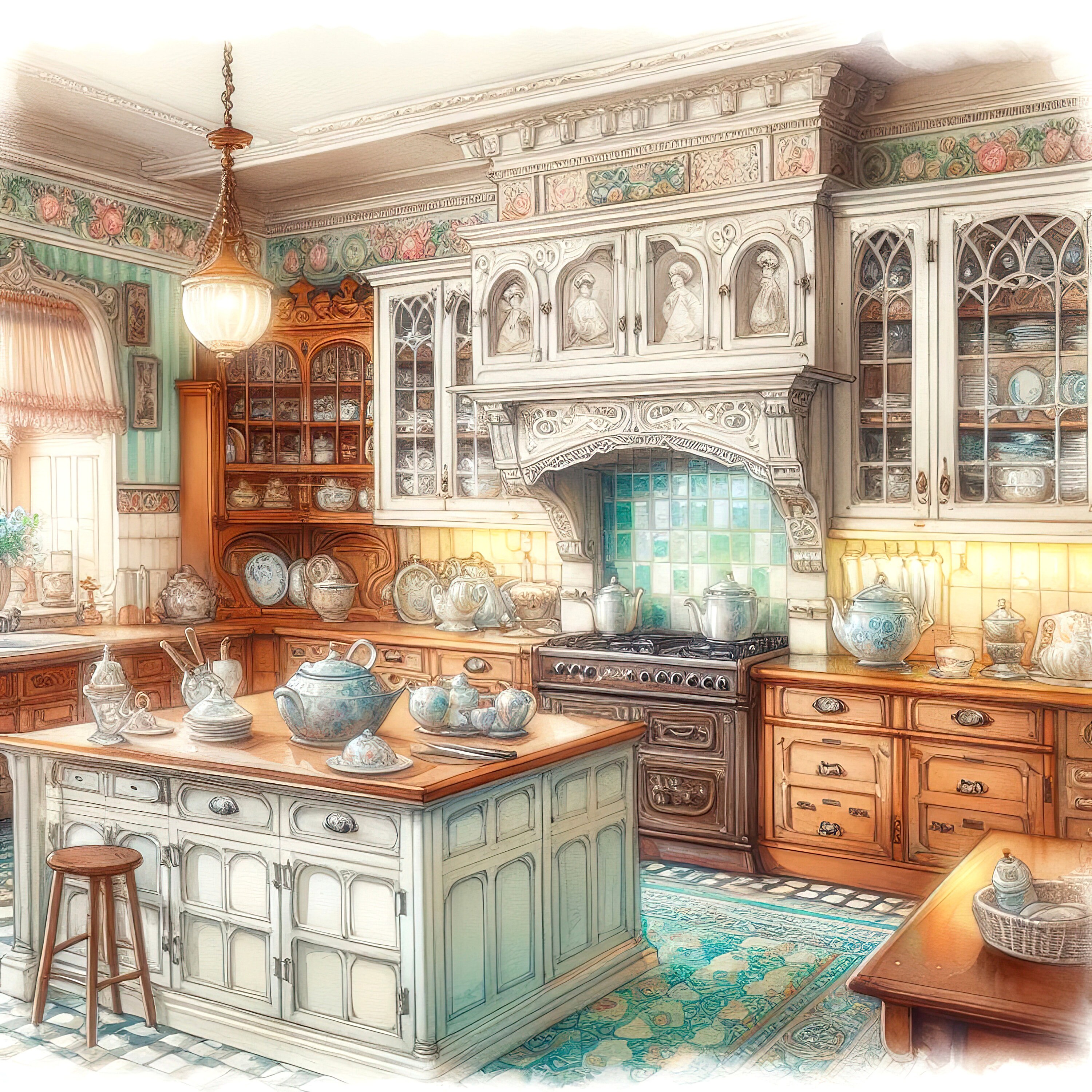 Watercolor Shabby Chic Victorian Kitchen Clipart Kitchen Vintage Clip ...