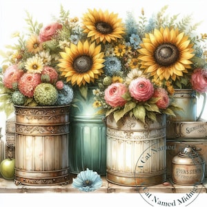 Sunflower Clipart 14 High Quality JPGs Sunflowers in Vintage Cans Clip Art Shabby Chic Floral Watercolor Antique Floral Clipart Images