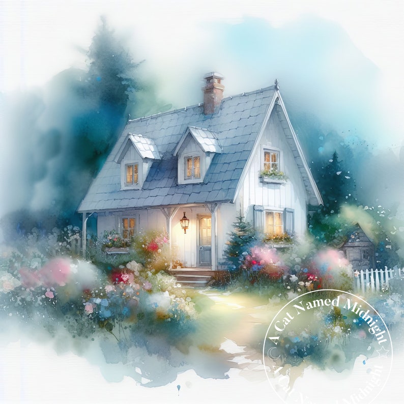 10 Tiny White Cottages Clipart Bundle Whimsical Cottages Watercolor ...