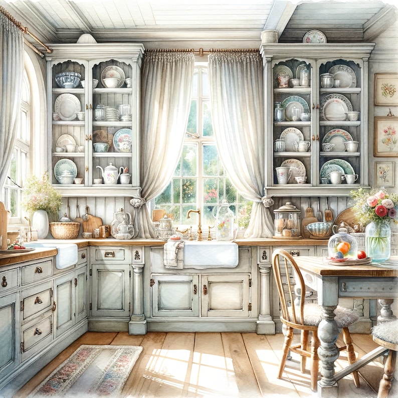 Watercolor Farmhouse Kitchen Clipart Watercolor Cottage Kitchen Clip Art Kitchen Watercolor Clipart Bundle Digital Download Images image 2