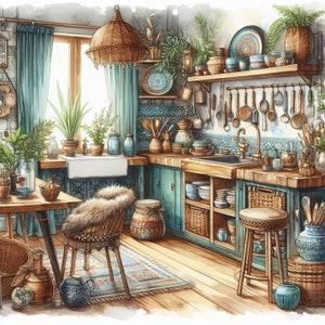 Watercolor Boho Kitchen Clipart Kitchen Vintage Clip Art Watercolor ...