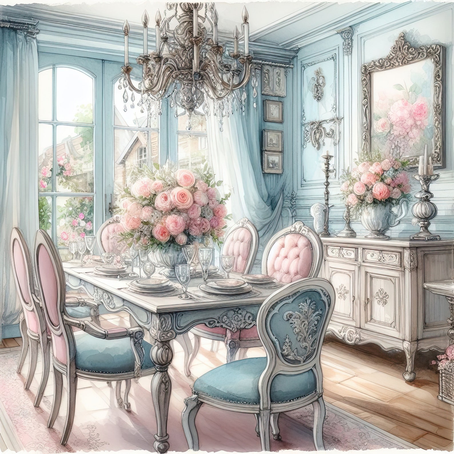 Watercolor Shabby Chic Dining Room Clipart French Dining Room Vintage ...