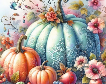 17 Pumpkin Clipart JPG Images Watercolor Shabby Chic Fall Clip Art Floral Autumn Pumpkins Clip Art Bundle Digital Download Pumpkin Art
