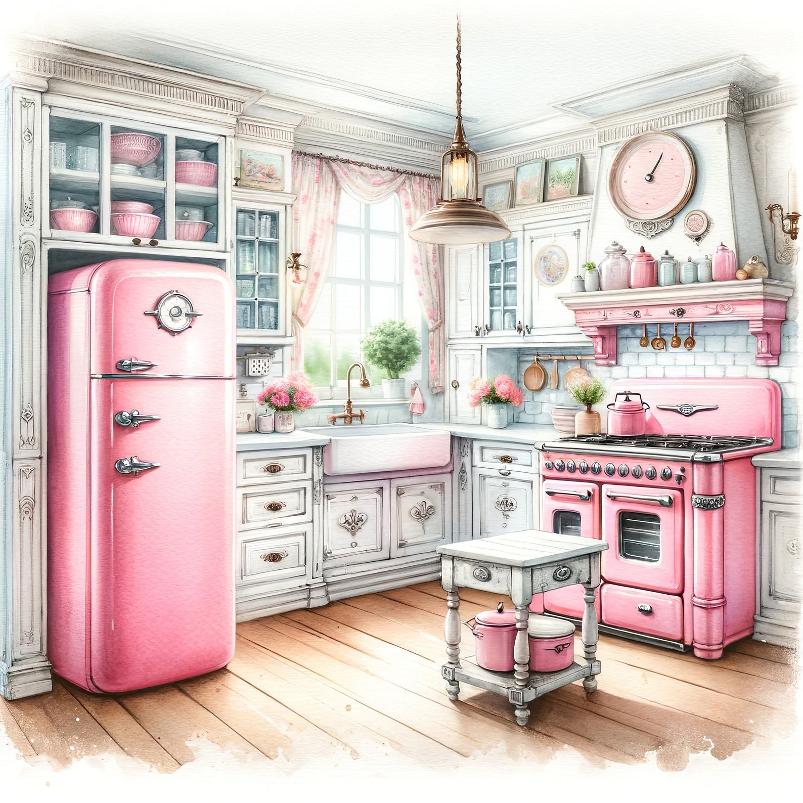 Watercolor Shabby Chic Retro Kitchen Clipart Pink Kitchen Vintage Clip ...
