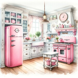May include: A vintage-style kitchen with white cabinets and a pink refrigerator and stove. The kitchen features a farmhouse sink, a window with a view of a tree, and a small table with two pots.