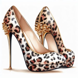 May include: A pair of high-heeled shoes with a leopard print design and gold embellishments. The shoes have a pointed toe and a stiletto heel.