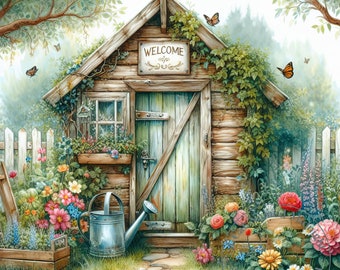 Akwarela Ogrodowa Szopa Clipart 11 JPGs Pakiet Potting Shed Clip Art Obrazy Ogrodnictwo Do Pobrania Do Wydrukowania Sztuka Ścienna Dziennik Śmieci Scrapbook