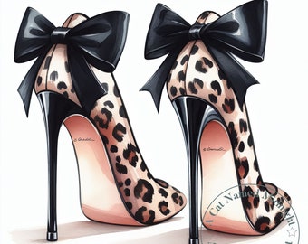 10 Leopard Print High Heels Clipart Bundle Digital Watercolor High Heels Clip Art Womens Shoe Images Quiceanerra Prom Downloadable