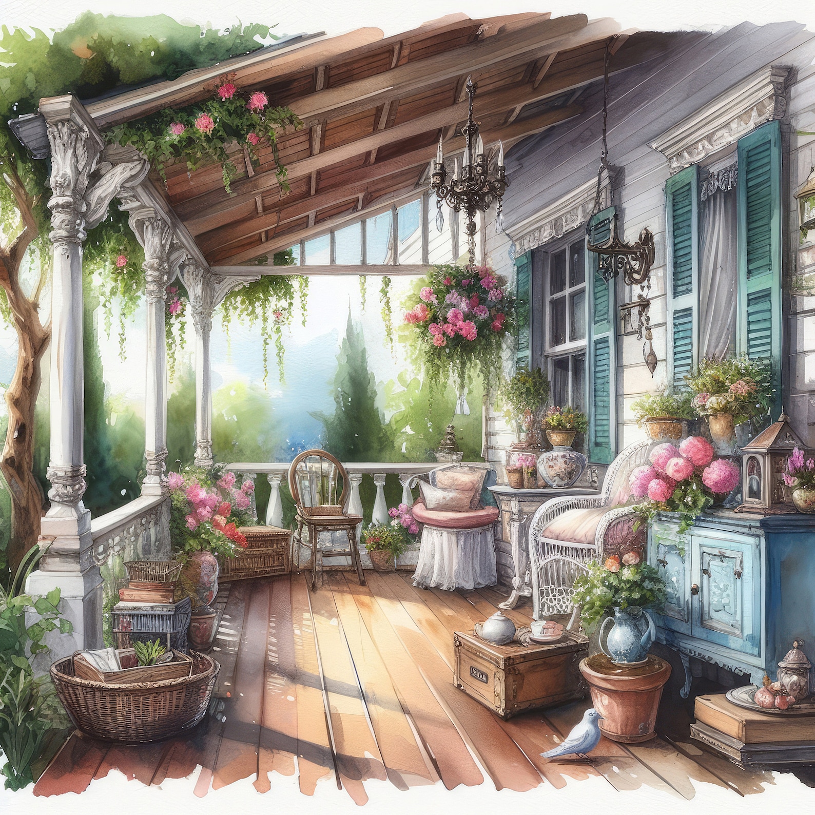 Watercolor Porch Clipart Vintage Shabby Chic Back Porch Clip Art ...