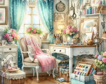 Watercolor Shabby Chic Craft Room Clipart Sewing Vintage Clip Art Watercolor Clipart Bundle Art Room Digital Download Printable Wall Art