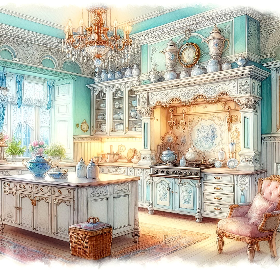 Watercolor Shabby Chic Victorian Kitchen Clipart Kitchen Vintage Clip ...