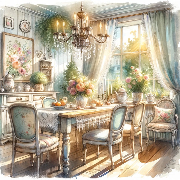 Watercolor Shabby Chic Dining Room Clipart French Dining Room Vintage Clip Art Watercolor Clipart Bundle Digital Download Printable Wall Art