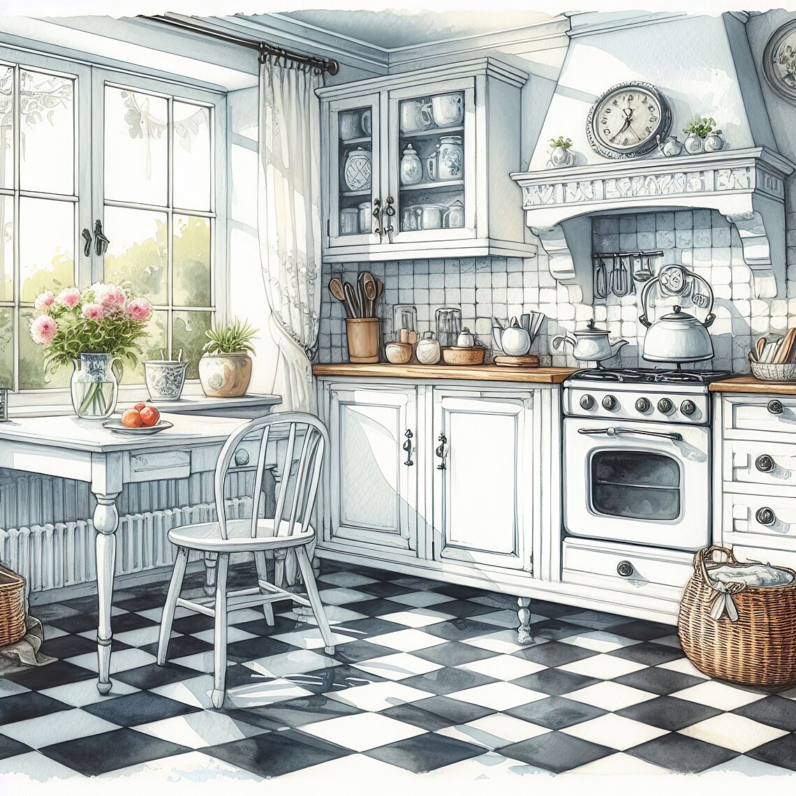 Watercolor Shabby Chic Kitchen Clipart French Kitchen Vintage Clip Art ...