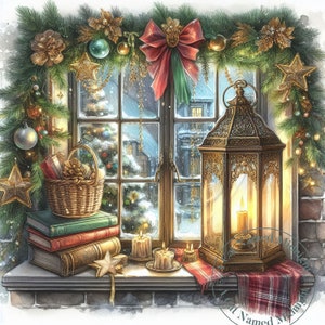 11 imágenes prediseñadas de ventanas navideñas, paquete de imágenes prediseñadas vintage de ventanas decoradas con Navidad, kit de tarjetas navideñas para imprimir con arte de pared y descarga digital