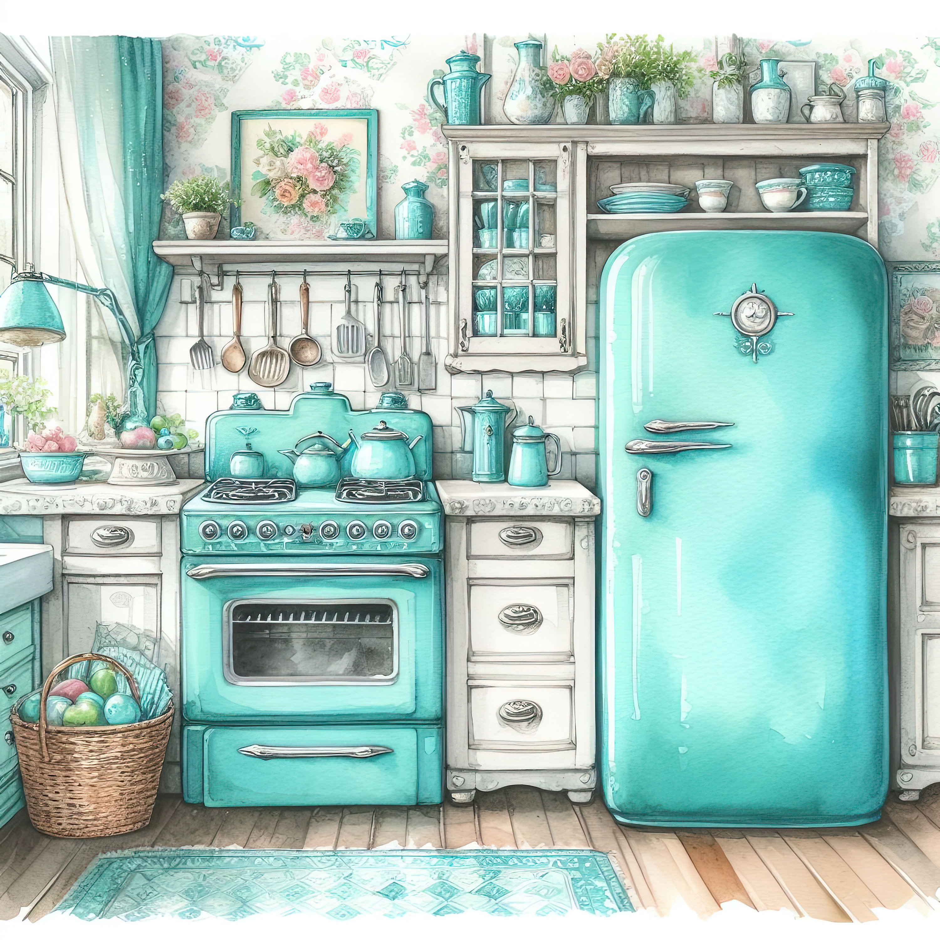 Watercolor Shabby Chic Kitchen Clipart Turquoise Kitchen Vintage Clip ...