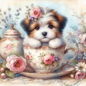15 süße Welpen in einer Teetasse Clipart Welpe und Blumen Teetasse Welpe Shabby Chic Vintage Clip Art Aquarell Blumen Clipart