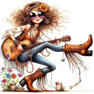 Chica hippie peculiar Clipart 11 JPG Clip Art de acuarela caprichoso Mujer hippie Imágenes retro de los años 70 Mujer peculiar Descarga digital Chica motociclista