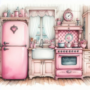 May include: A pink vintage kitchen with a pink refrigerator, a pink stove, and a white sink. The kitchen has a white countertop and pink cabinets. There are various kitchen accessories on the countertop, including a clock, a teapot, and a vase of flowers.