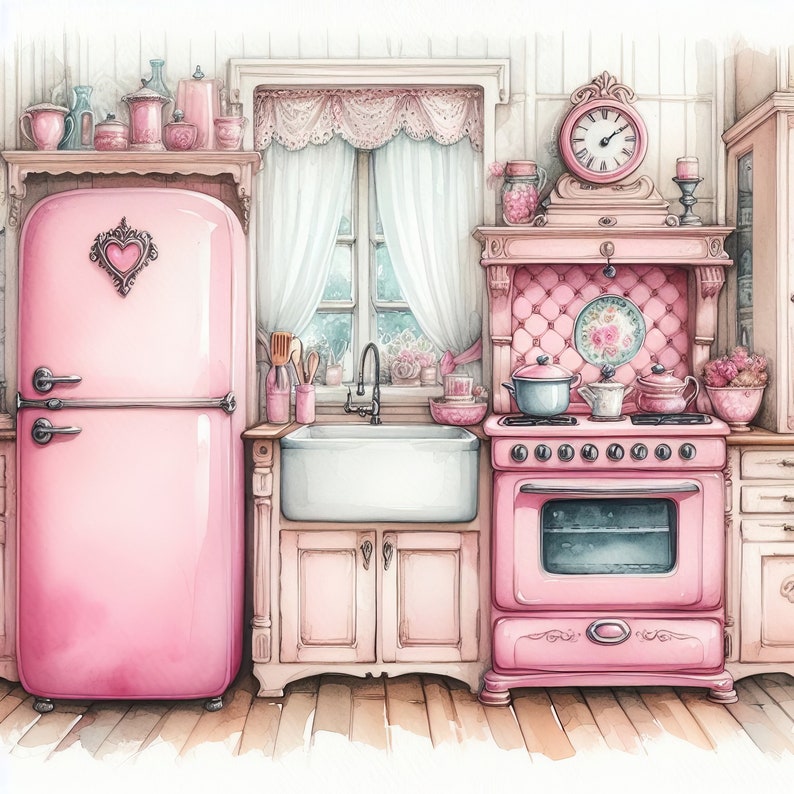 May include: A pink vintage kitchen with a pink refrigerator, a pink stove, and a white sink. The kitchen has a white countertop and pink cabinets. There are various kitchen accessories on the countertop, including a clock, a teapot, and a vase of flowers.