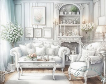 Watercolor Shabby Chic 10 White Living Room Clipart Vintage Clip Art Watercolor Clipart Bundle Digital Download Printable Wall Art