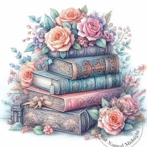 May include: A stack of five antique books with ornate covers, surrounded by pink and white roses and other flowers. The books are arranged in a pyramid shape, with the largest book at the bottom and the smallest book at the top. The books are decorated with intricate designs and lettering.