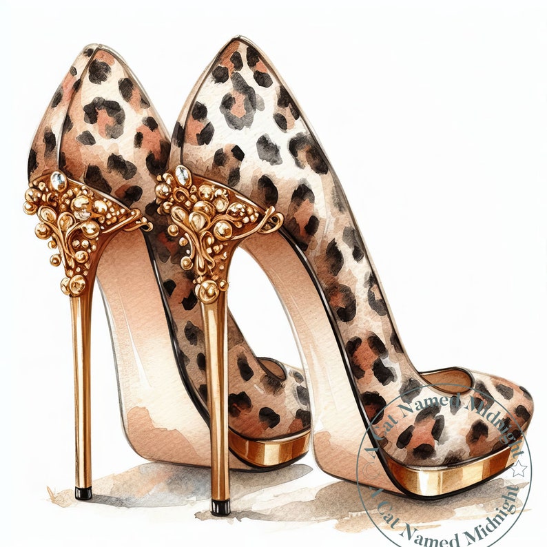 May include: A pair of high-heeled shoes with a leopard print design and gold embellishments. The shoes have a platform sole and a pointed toe.