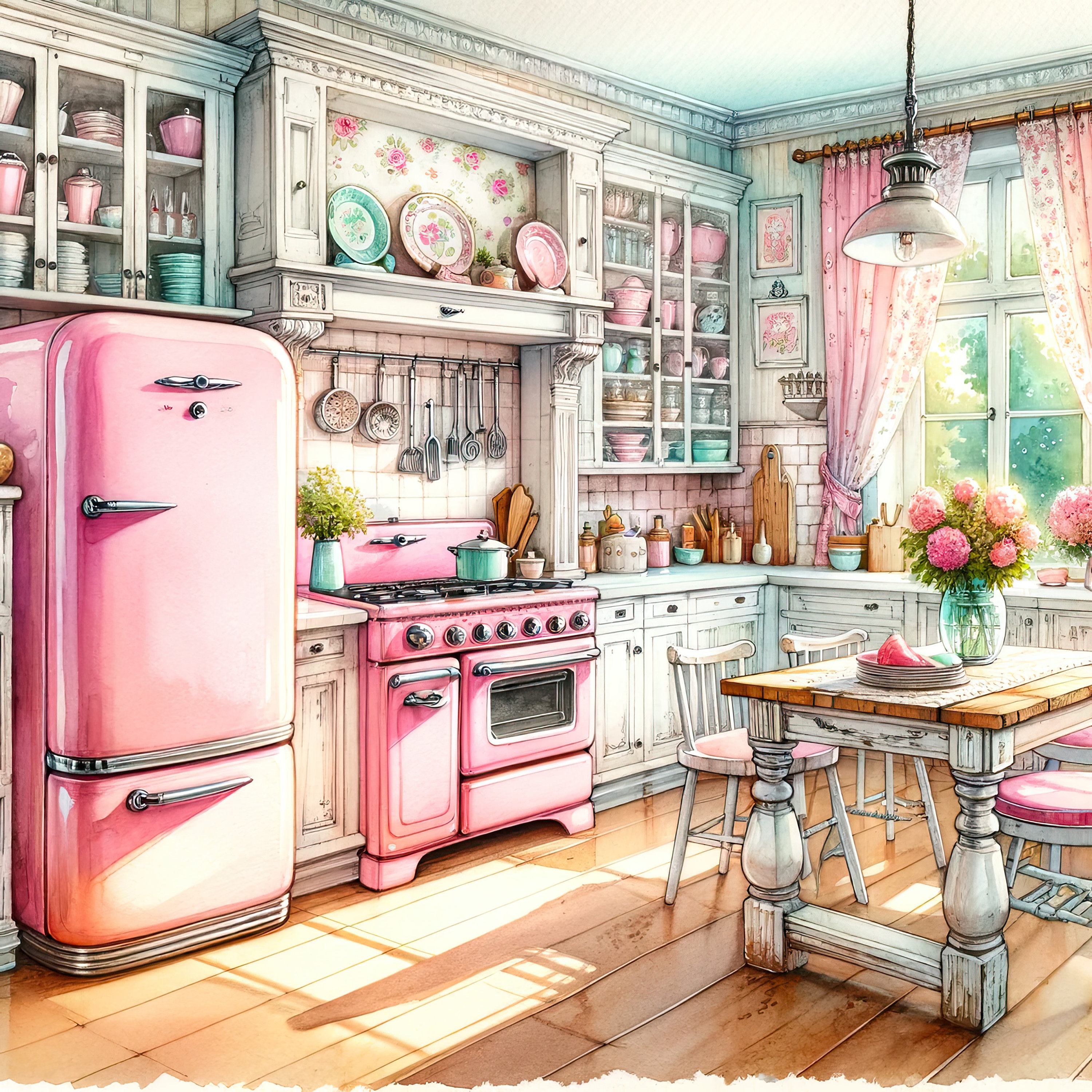 Watercolor Shabby Chic Retro Kitchen Clipart Pink Kitchen Vintage Clip ...