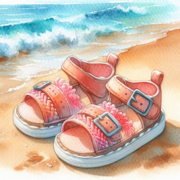 Watercolor Child's Sandals on Beach Clipart Nursery Art Watercolor Clipart Bundle Digital Download Printable Wall Art Painting Kid Sandals