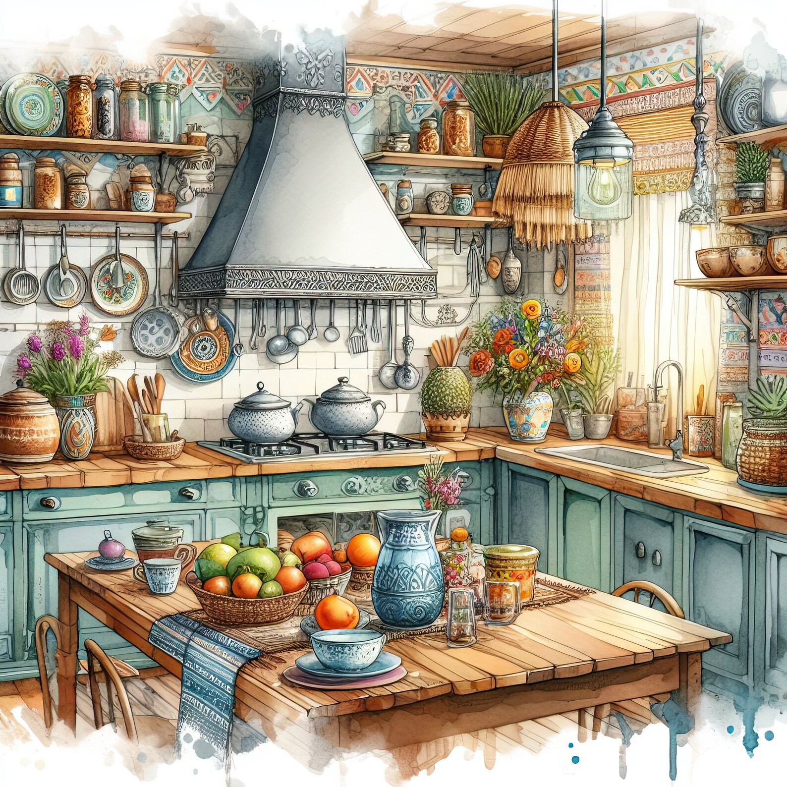 Watercolor Boho Kitchen Clipart Kitchen Vintage Clip Art Watercolor ...