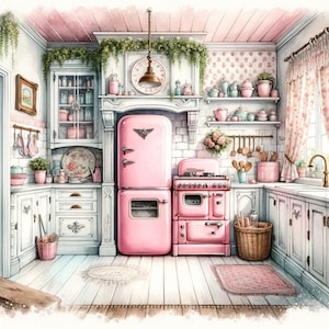 May include: A pink vintage kitchen with a pink refrigerator and stove. The kitchen has white cabinets, a floral wallpaper, and a floral patterned rug.