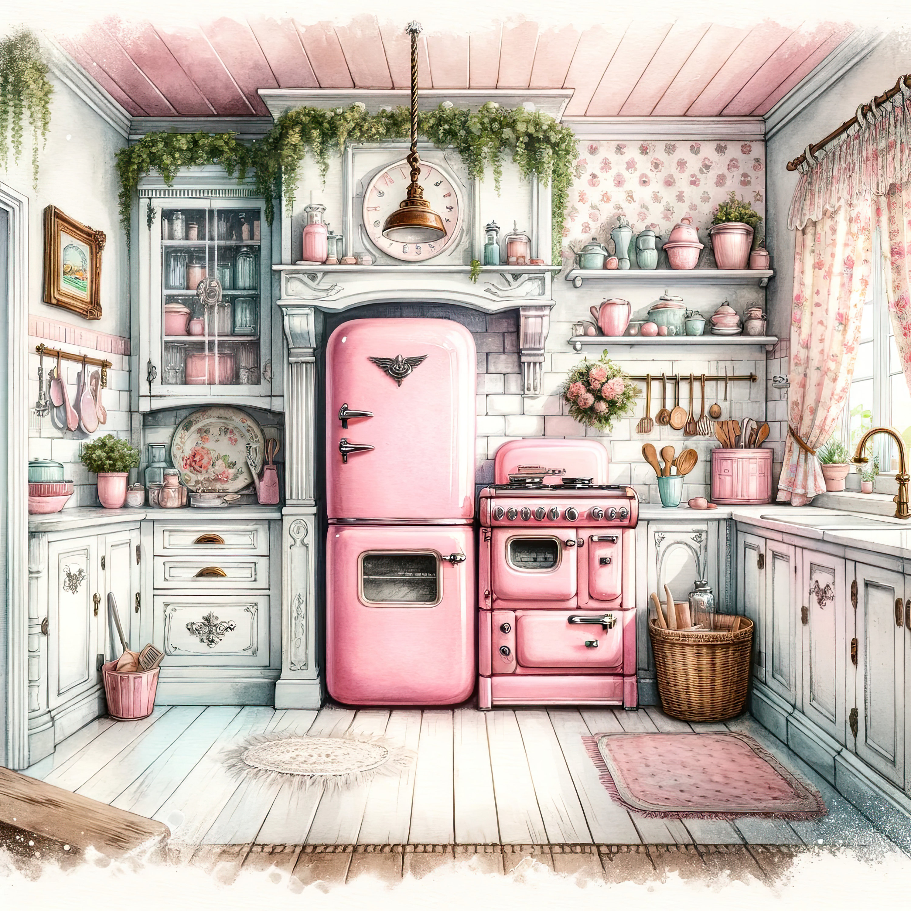 Watercolor Shabby Chic Retro Kitchen Clipart Pink Kitchen Vintage Clip ...