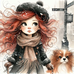 Cute Little Girl Walking Her Dog in New York City Clipart 13 JPGs Watercolor Clipart Images Digital Download Printable Wall Art