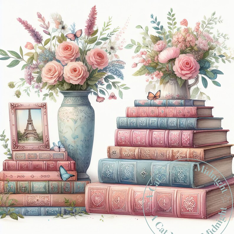 10 Shabby Chic Books Clipart Watercolor Book Lover Clip Art Watercolor ...